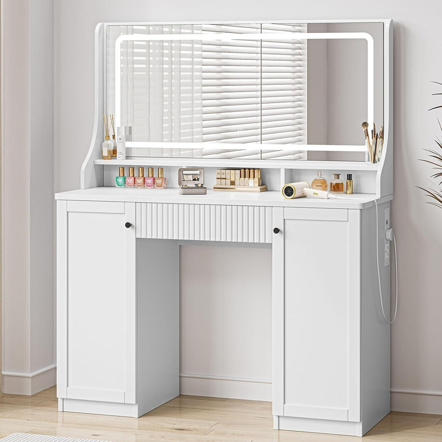 Large White Vanity Dressing Table Mirror LED Lights Storage Power Strip USB