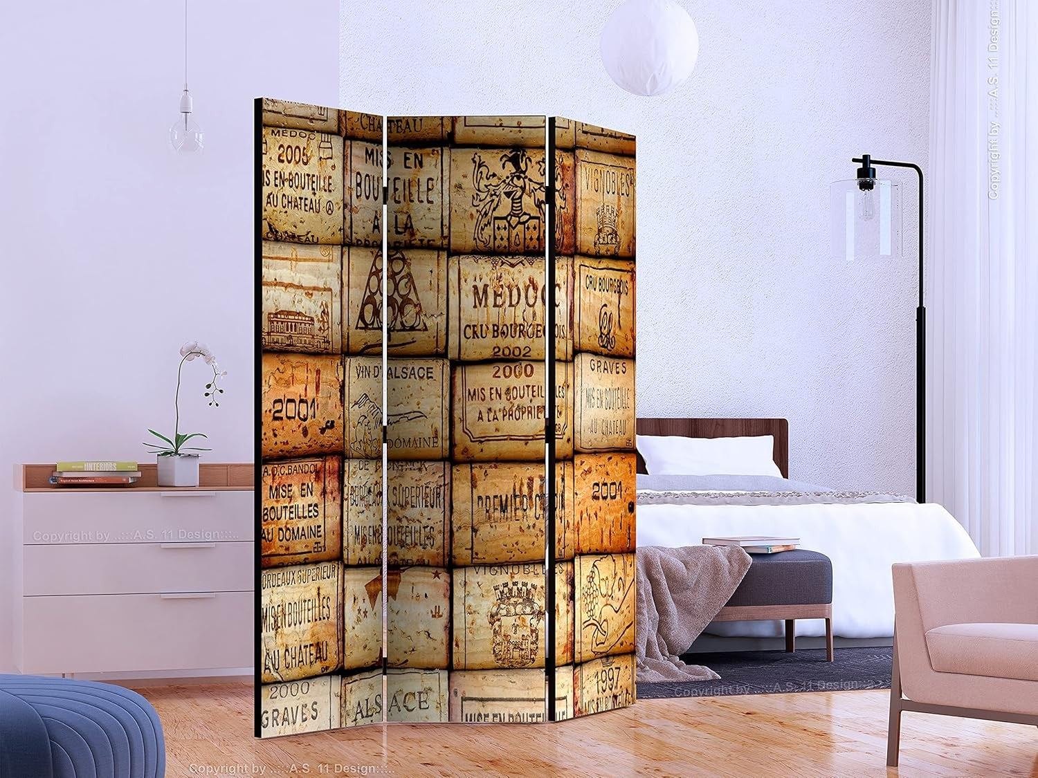 Vintage Acoustic Room Divider Wine Crate Print – Soundproof Double-Sided Screen