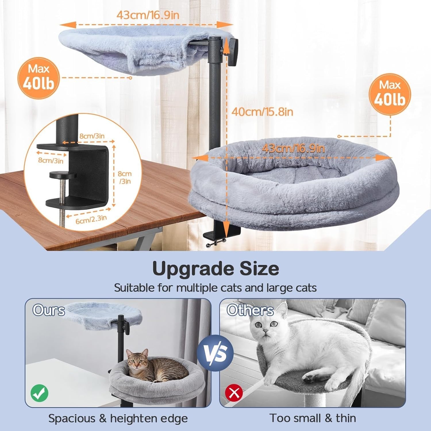 Dual Desk Cat Bed Rotating Cat Hammock for 2 Cats Adjustable Perch
