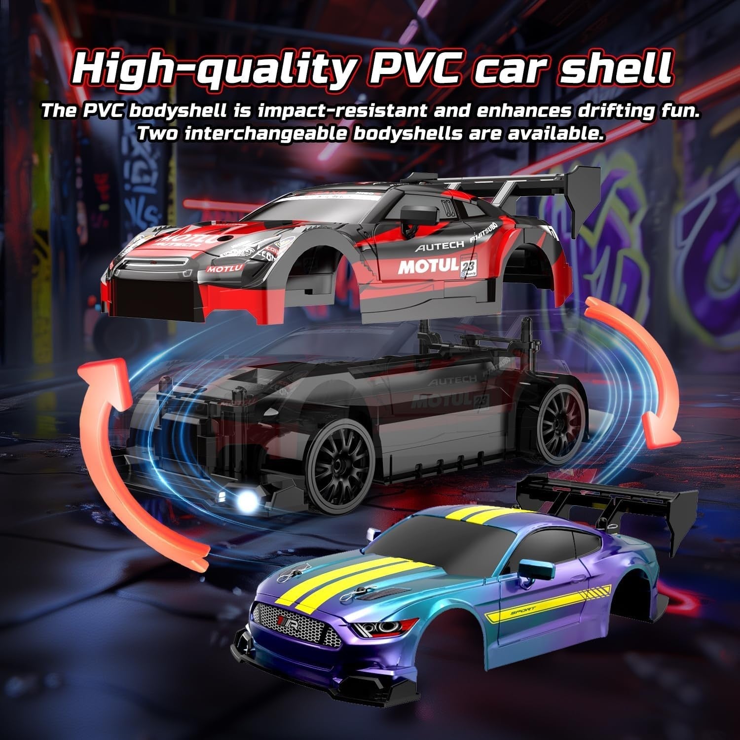 4WD RC Drift Car with Lights, 2 Shells, 2 Batteries & Cones – 40mins
