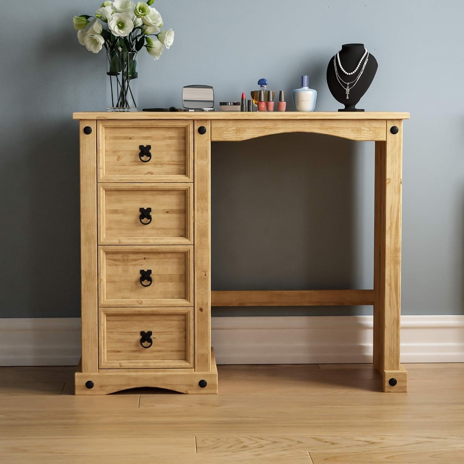 4-Drawer Pine Wood Dressing Table Desk Distressed Waxed Finish Bedroom Vanity