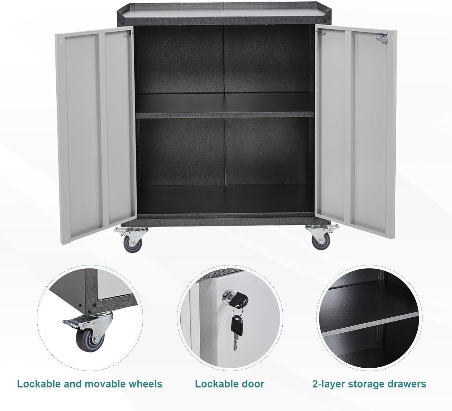 Lockable Metal Filing Cabinet on Wheels 2 Door Office Storage 90cm