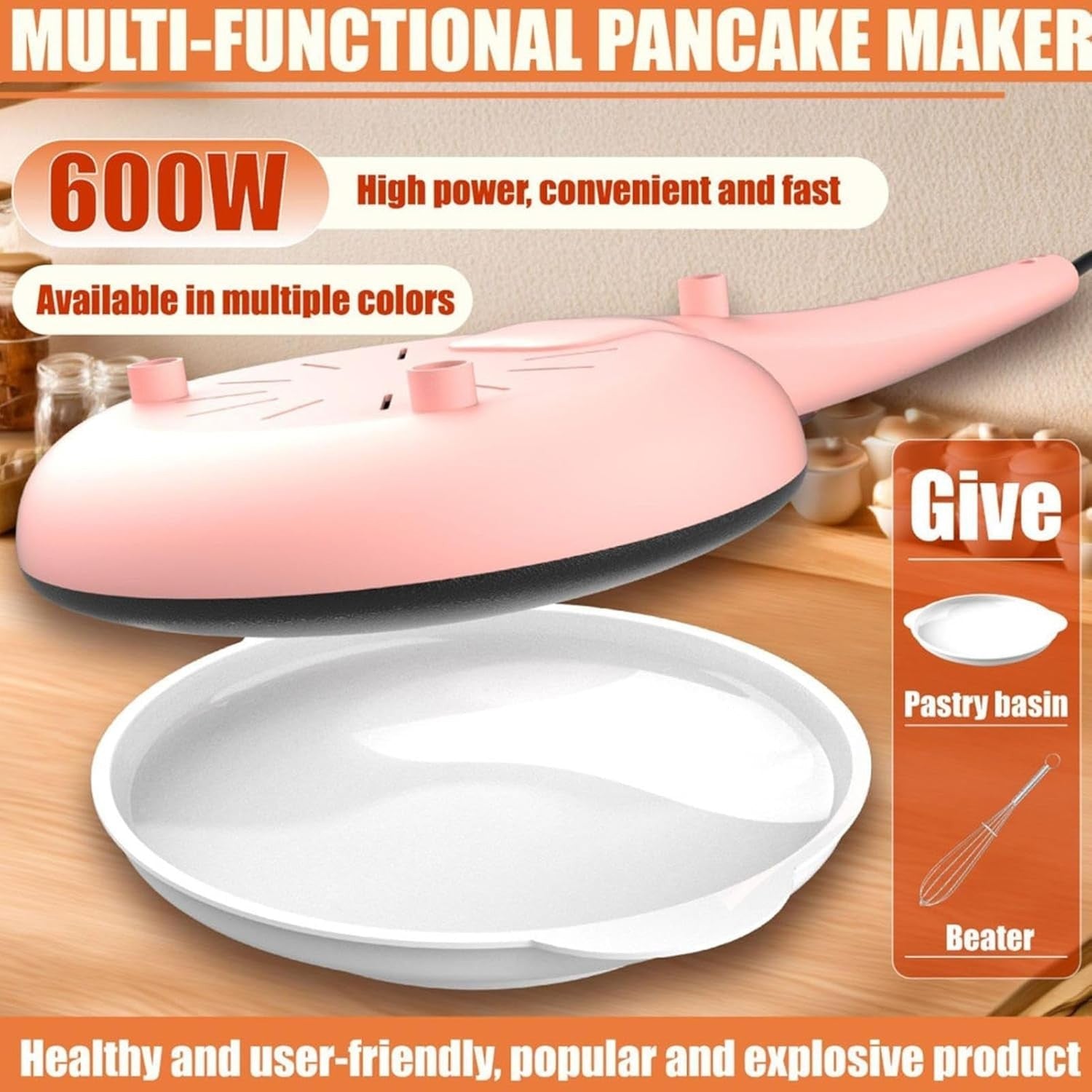8" Electric Crepe Maker Nonstick Pan Long Handle Fast Heating Portable Pink