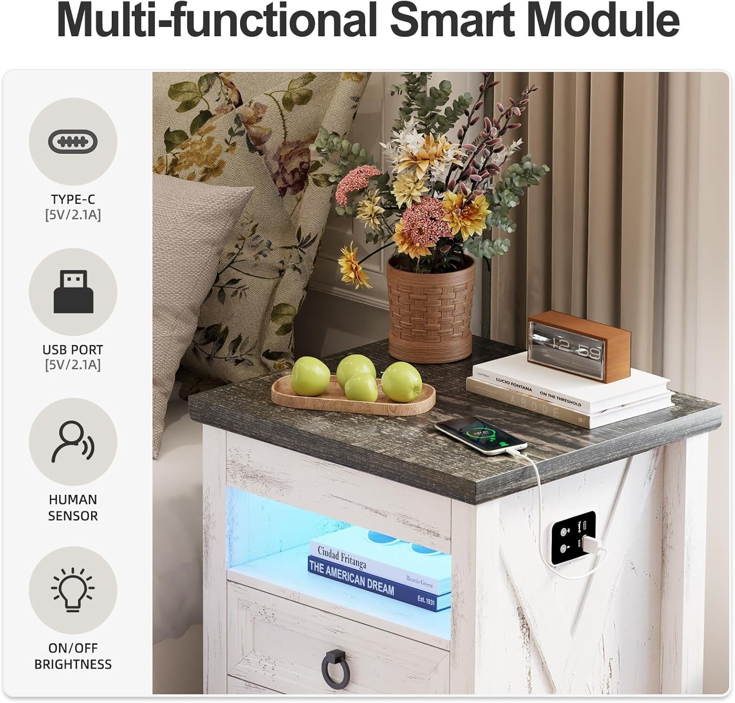 White Smart Bedside Table with Wireless Charging, LED Lights & 4 Drawer Storage