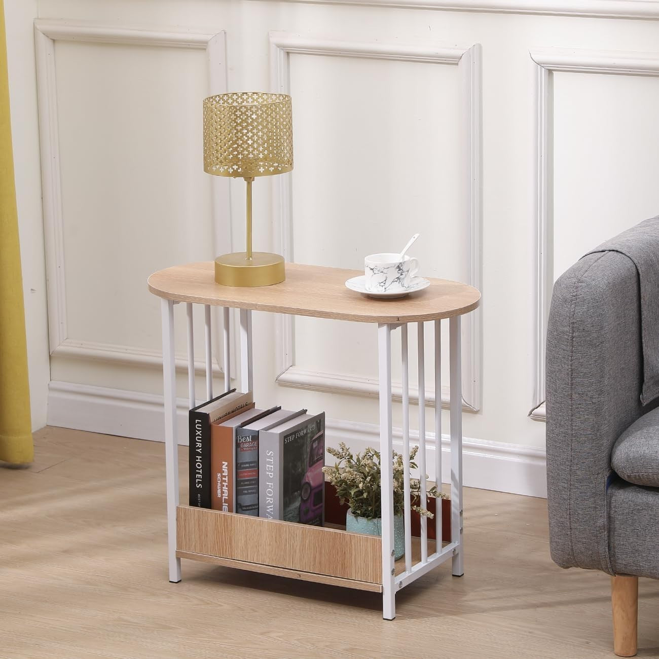 Slim Oval Side Table with Storage, Maple Small End Table for Living Room