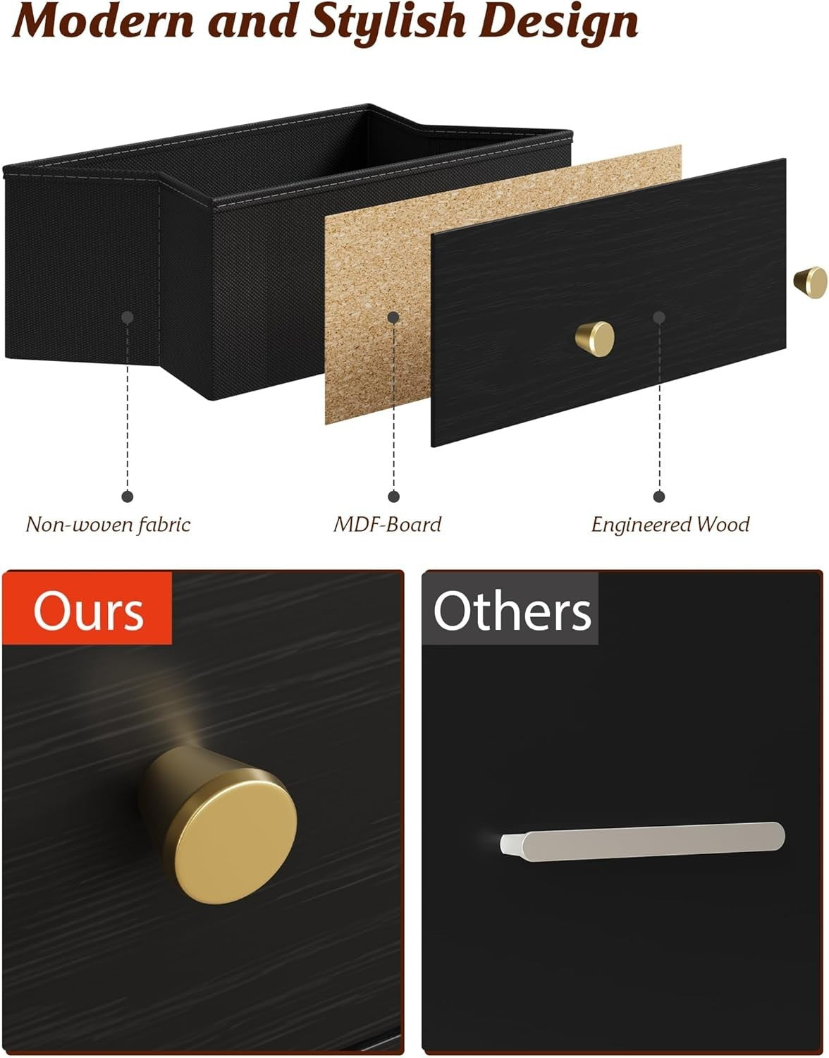 8 Drawer Black Chest Gold Handles Modern Storage Unit Bedroom Hallway