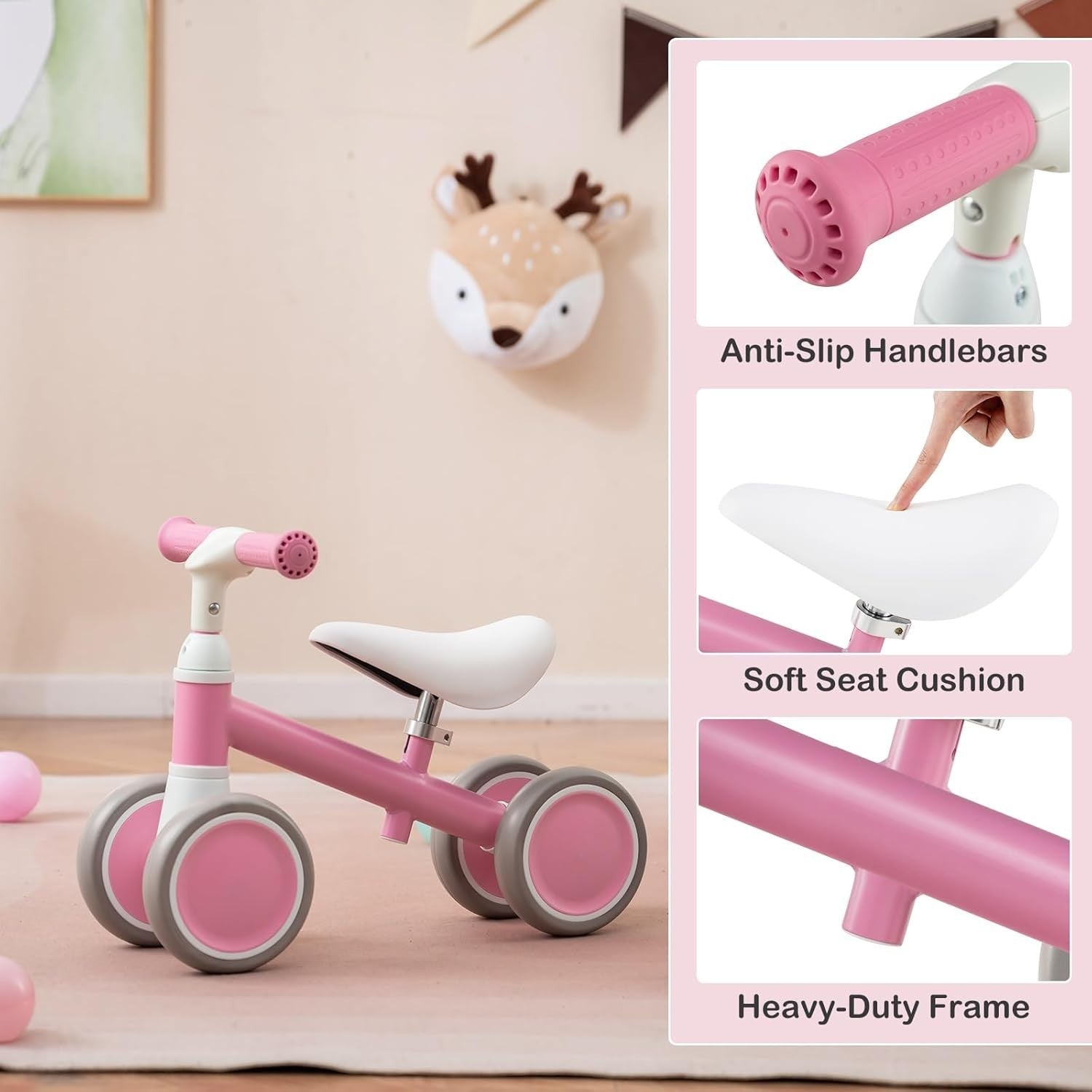 Baby Balance Bike 4 Wheel Toddler Ride On Adjustable Seat 1-3 Years