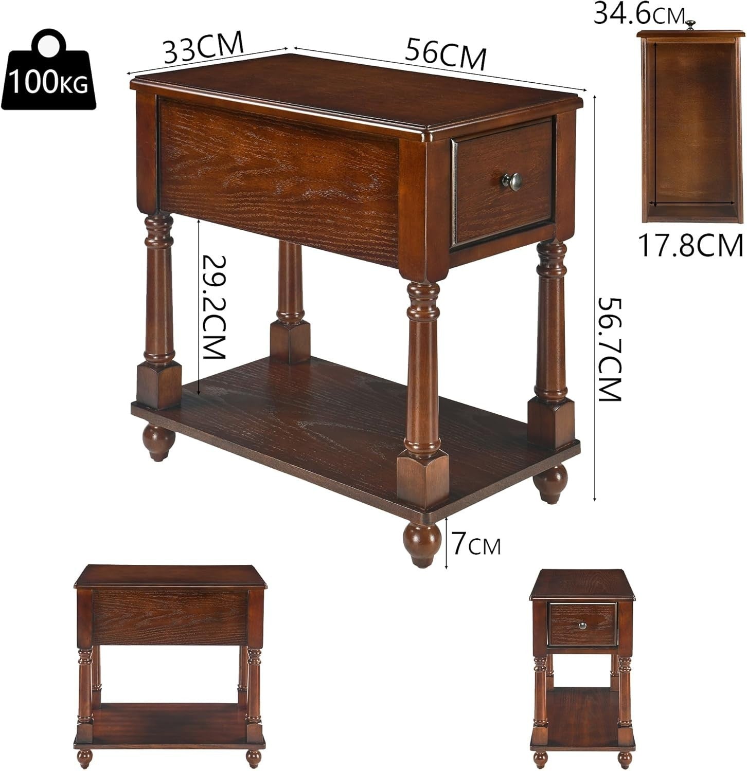 Pair of Solid Wood Walnut End Tables with Drawer & Shelf – Vintage Slim Tables