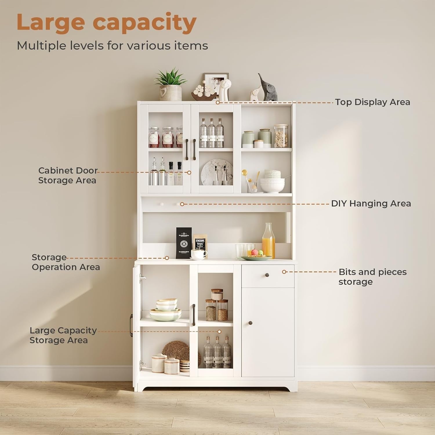 White Tall Kitchen Pantry Cabinet 5 Doors 1 Drawer 183.5cm