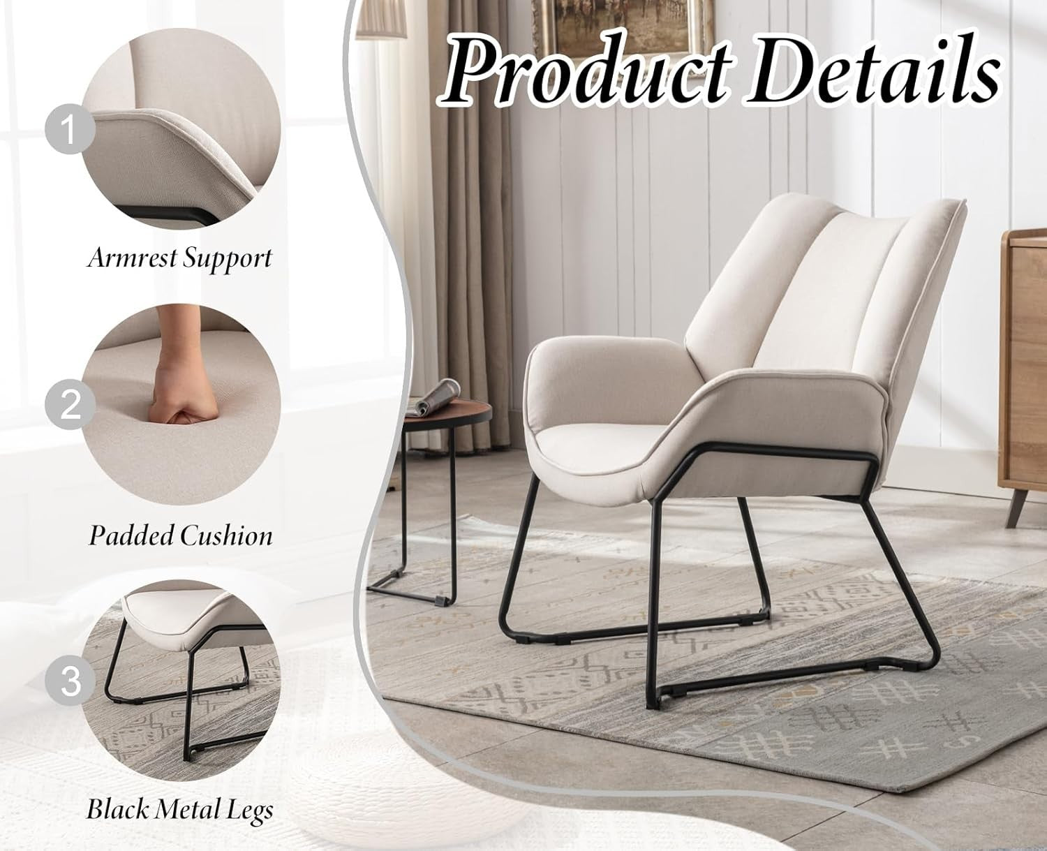 Modern Linen Accent Chair Metal Legs | Comfy Armchair for Bedroom Lounge