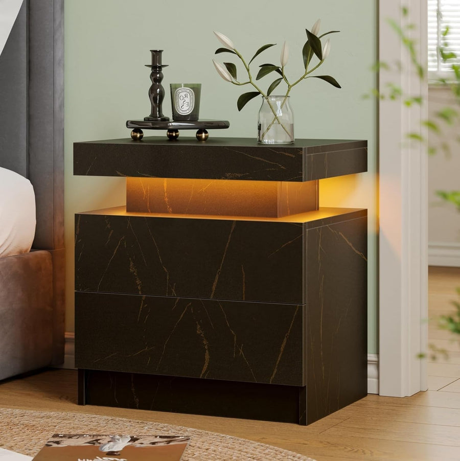 Modern Black Gold LED Bedside Table with Drawers – Luxury RGB Light Nightstand
