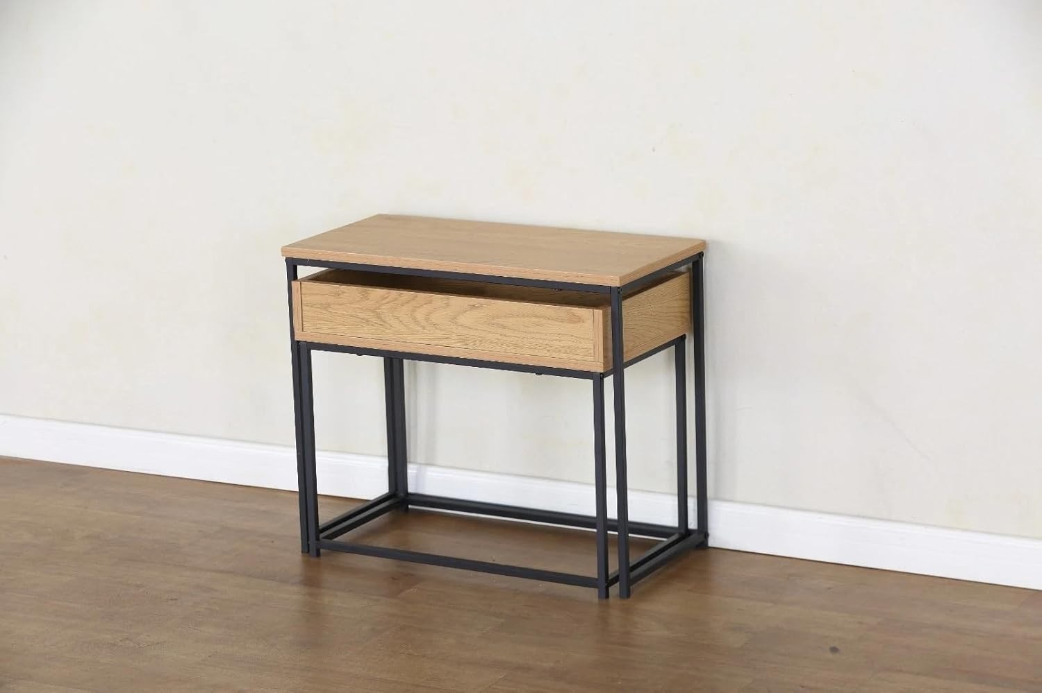 2 Nesting Side Tables Coffee Bedside Modern Steel Frame Melamine Top Black/Oak