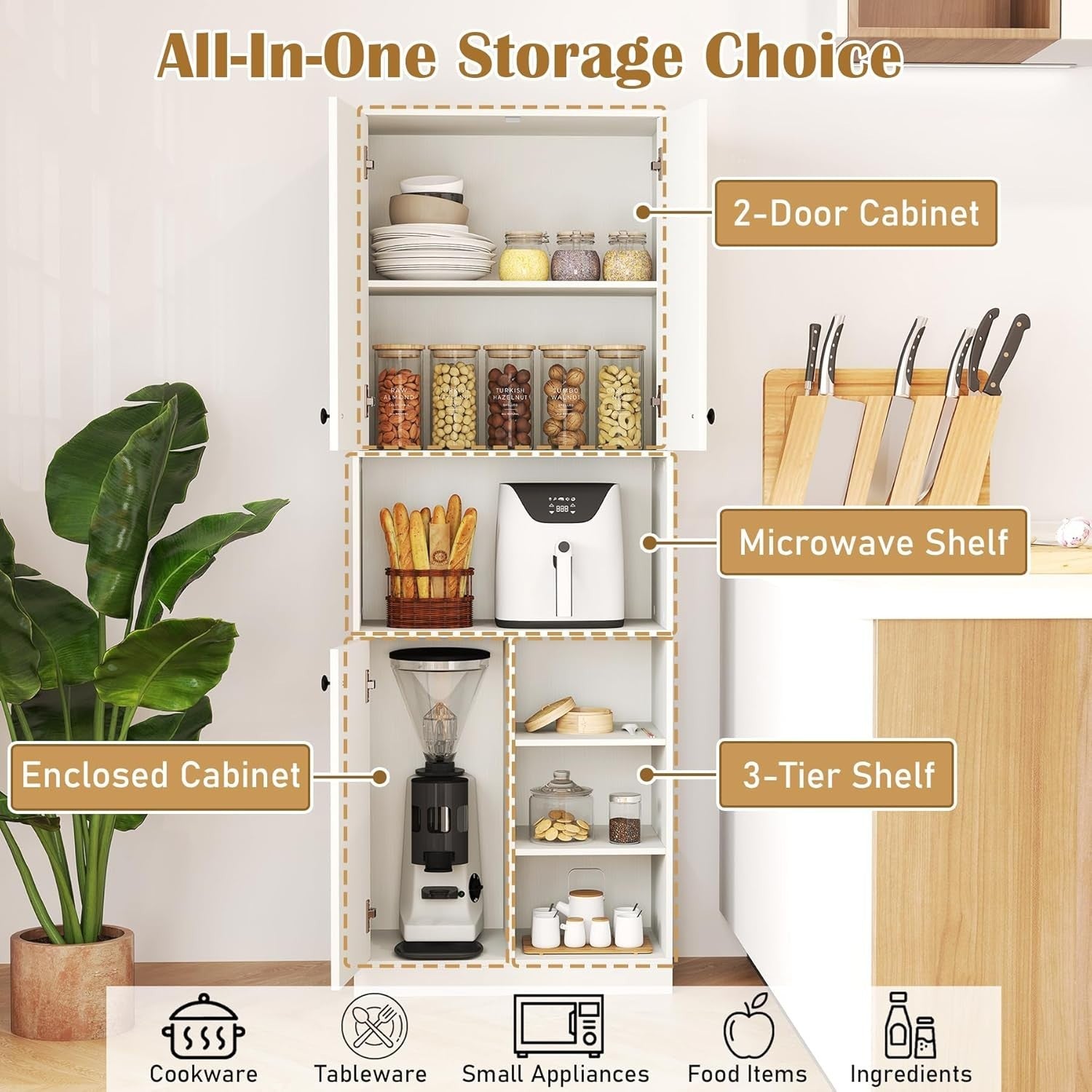 166cm Tall Kitchen Cupboard White 3 Doors Open Shelves Anti-Tip