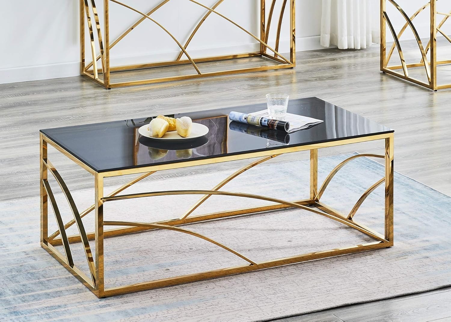 Gold Frame Coffee Table with Dark Grey Tempered Glass, 120x60cm