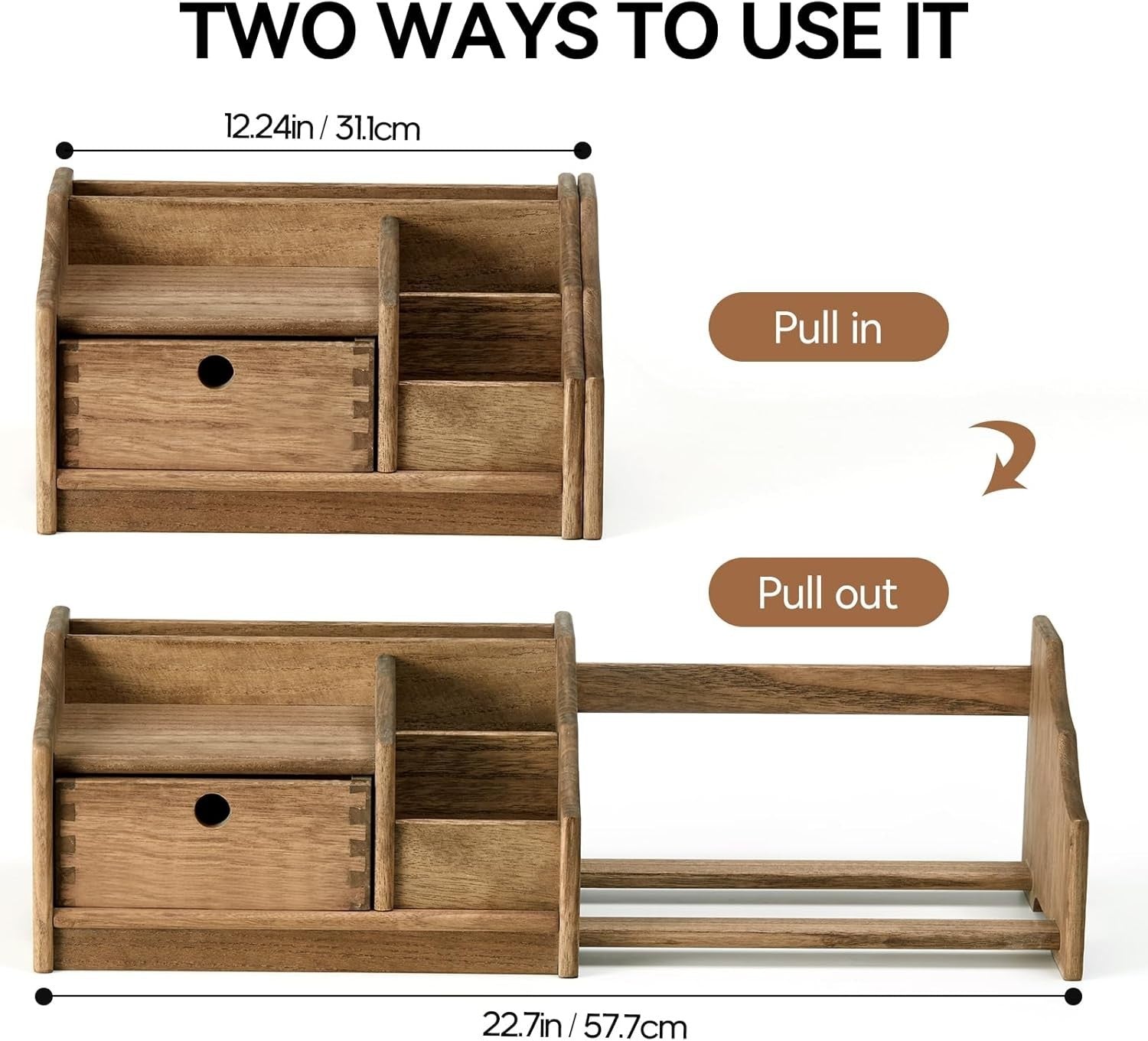 Wood Desktop Organizer with Drawer Adjustable Shelf Solid Book Rack