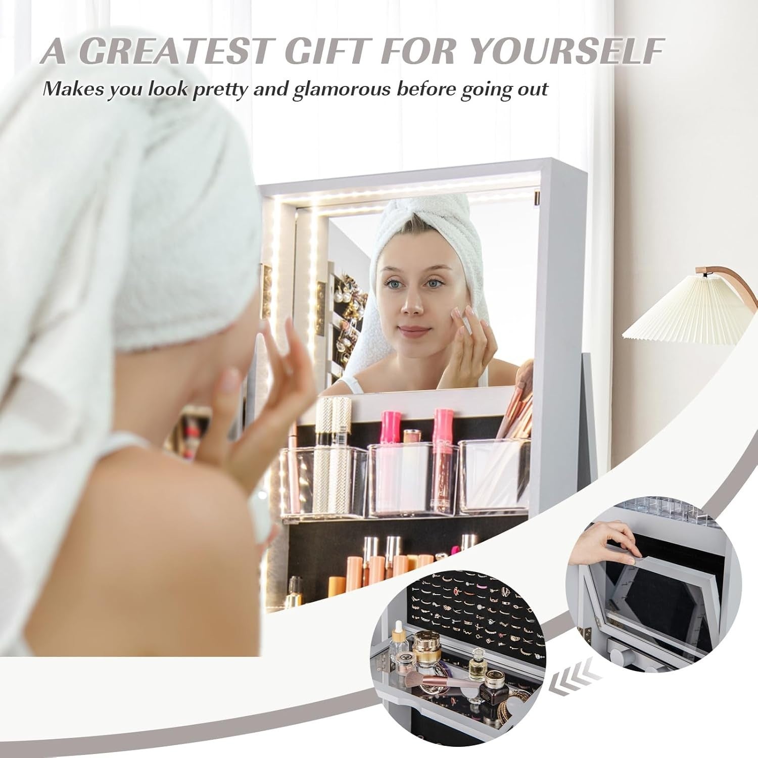 Grey 360° Swivel LED Jewelry Cabinet Mirror Lockable 3-Color Storage