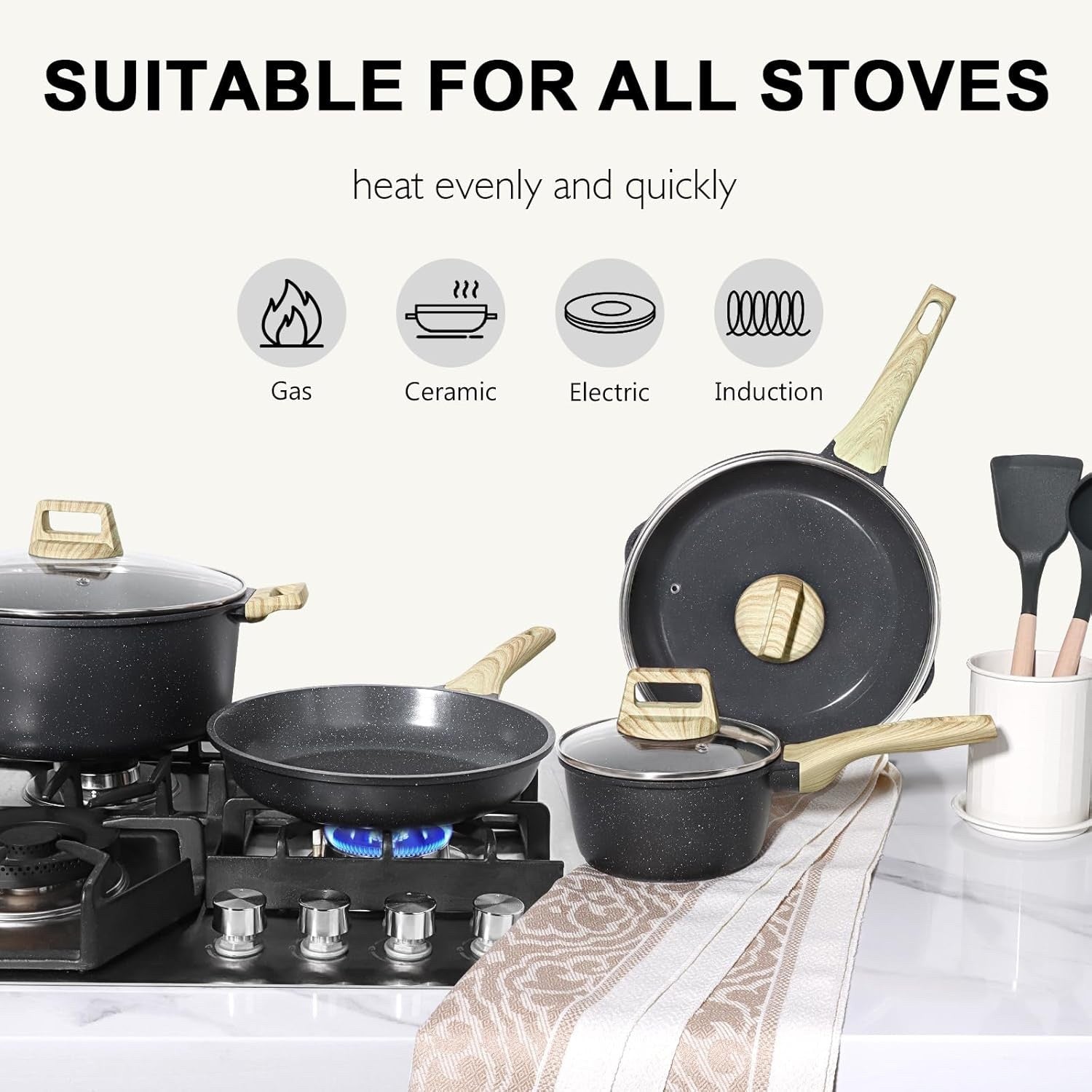 18Pcs Grey Ceramic Non-Stick Cookware Set with Glass Lids & Utensils, PFAS-Free