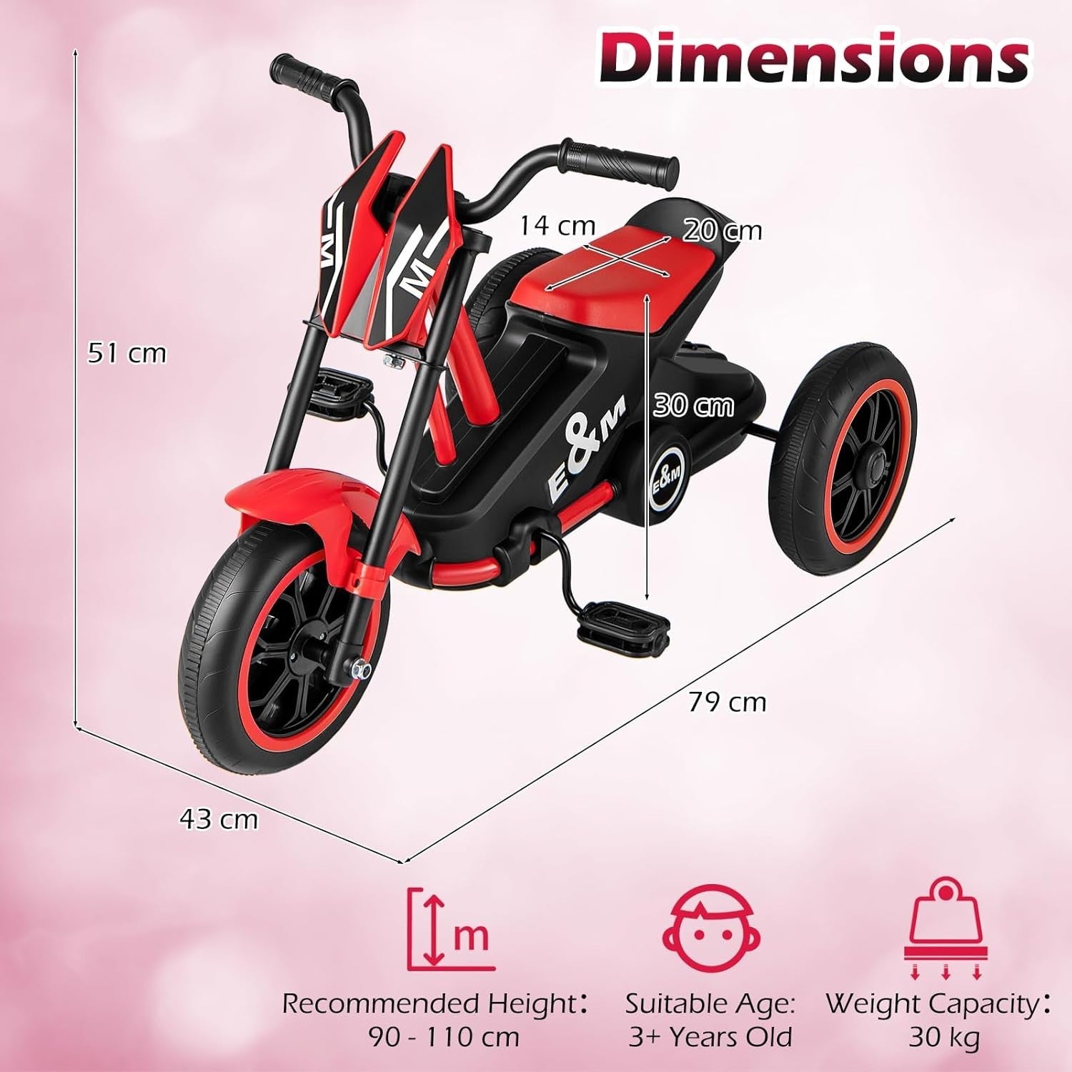 Kids Tricycle 3 Wheel Balance Bike Anti Slip Pedals Red Age 3+