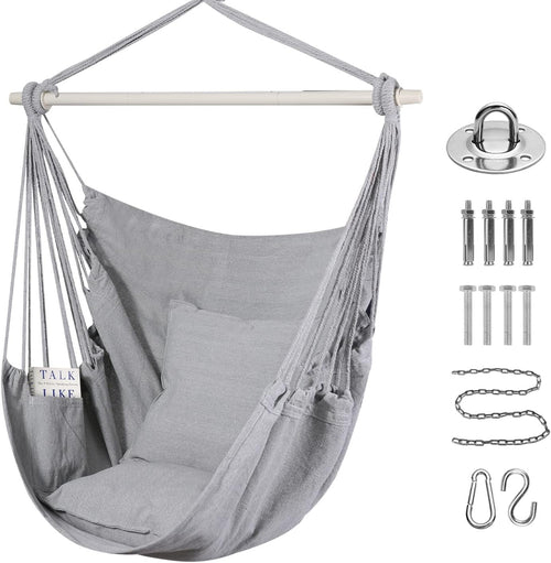 Hammock Chair Swing Grey w/ Pillows, Bar & Bag | Indoor Outdoor 330lbs