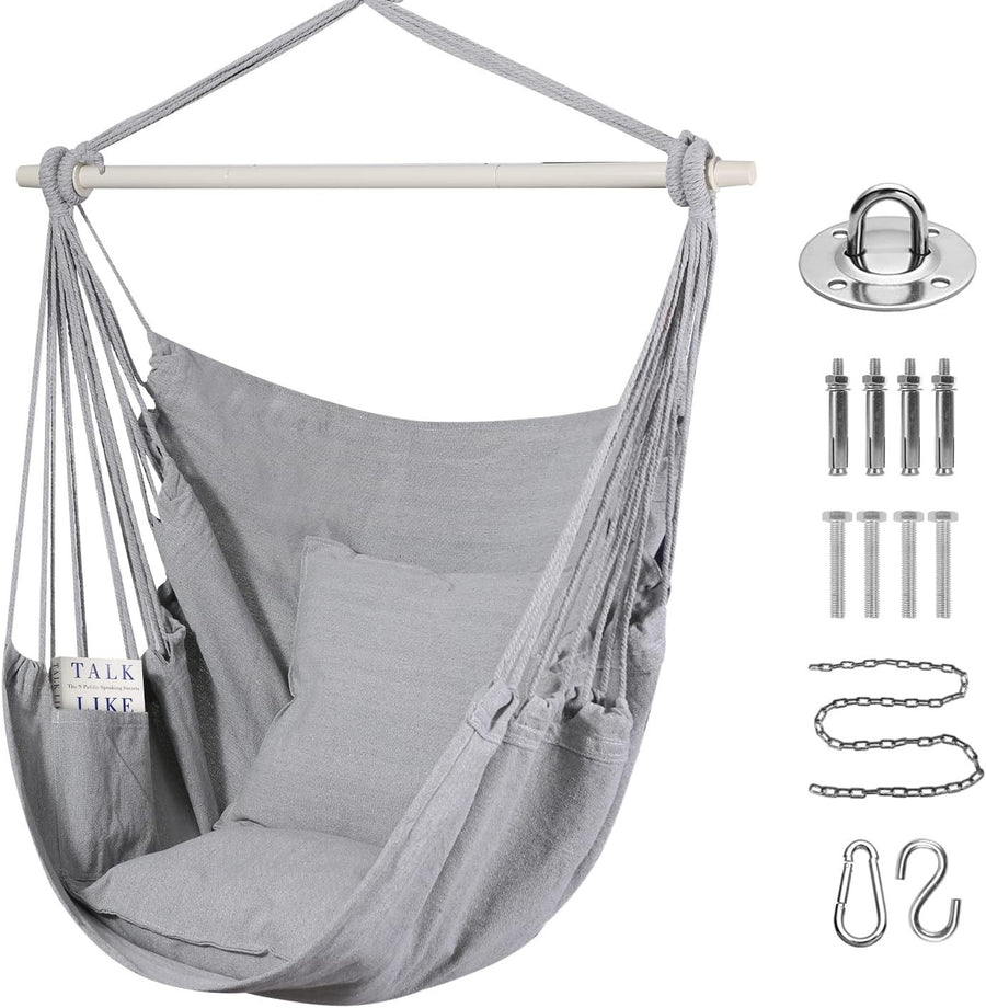 Hammock Chair Swing Grey w/ Pillows, Bar & Bag | Indoor Outdoor 330lbs
