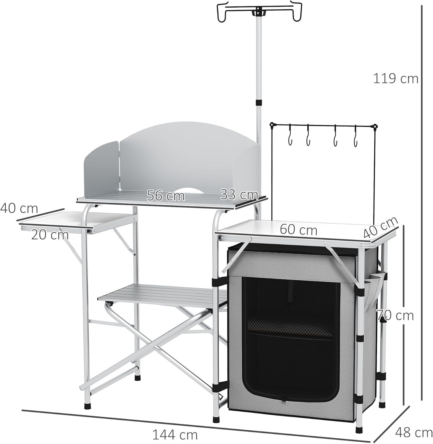 Folding Camping Kitchen Table with Windshield Cupboard Sink BBQ Light
