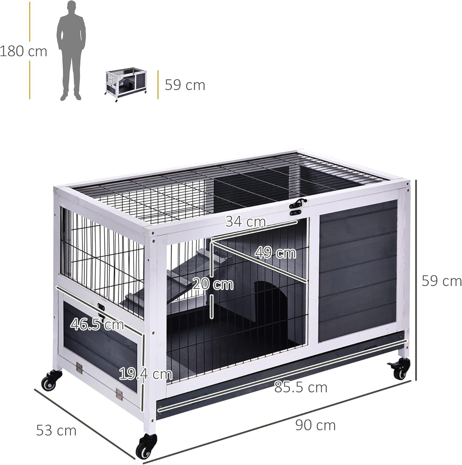 Rabbit Hutch Guinea Pig Cage Wooden Indoor Portable with Openable Roof