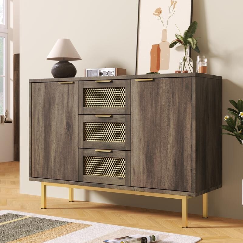 Dark Wood Rattan Sideboard Cabinet 3 Drawer 2 Door Storage Unit Hallway