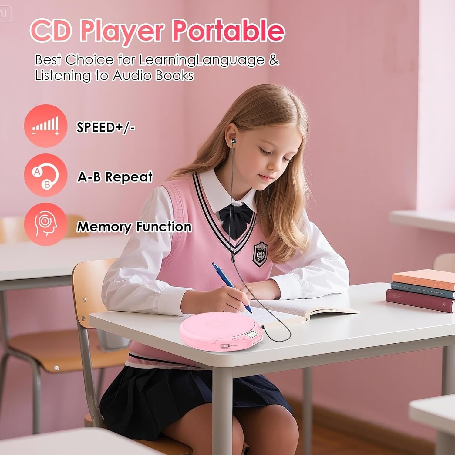 Personal CD Player Portable Anti-Skip LCD Display AUX Car Earphones Pink