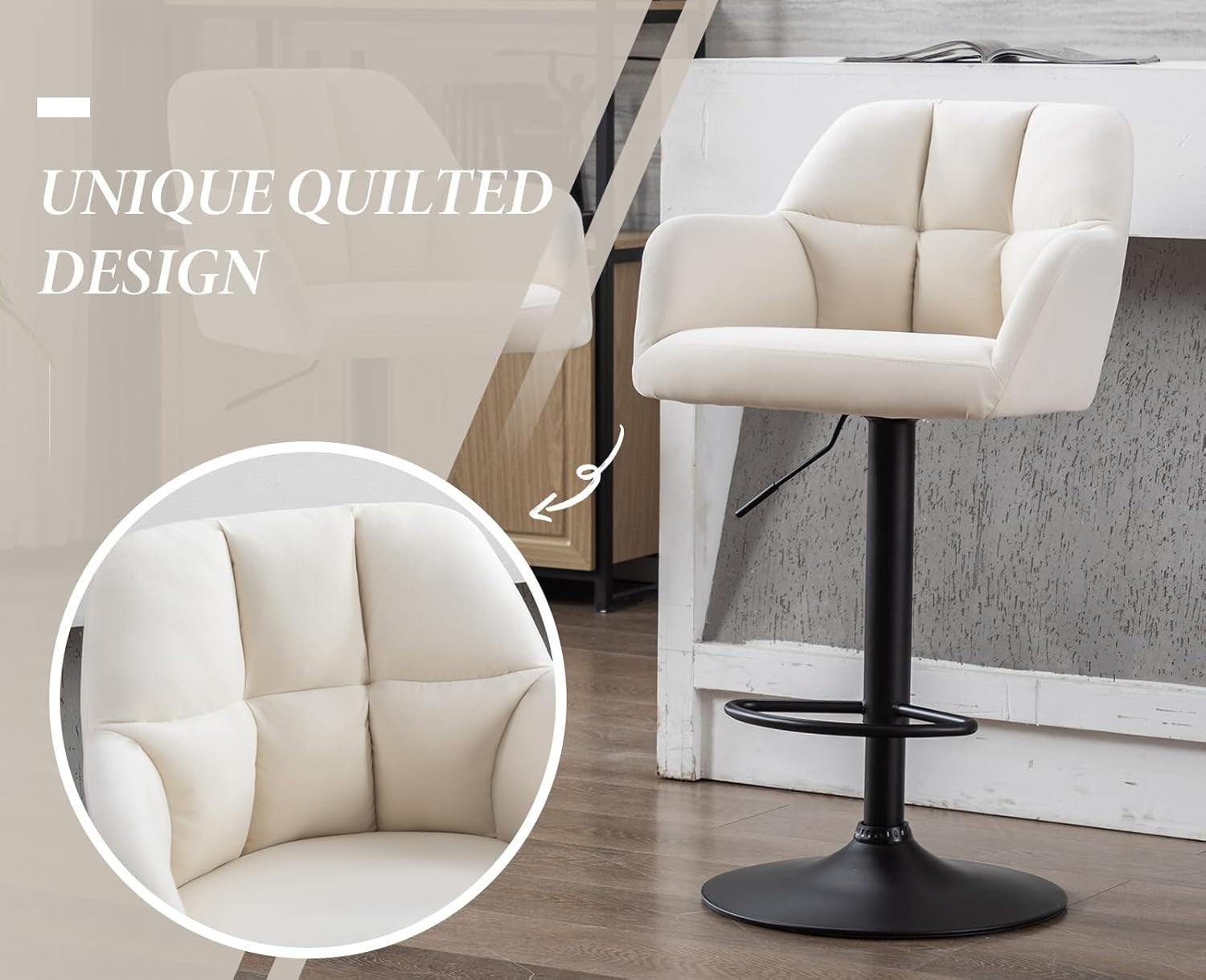 Adjustable Beige Velvet Bar Stools Set of 2 Swivel Kitchen Counter