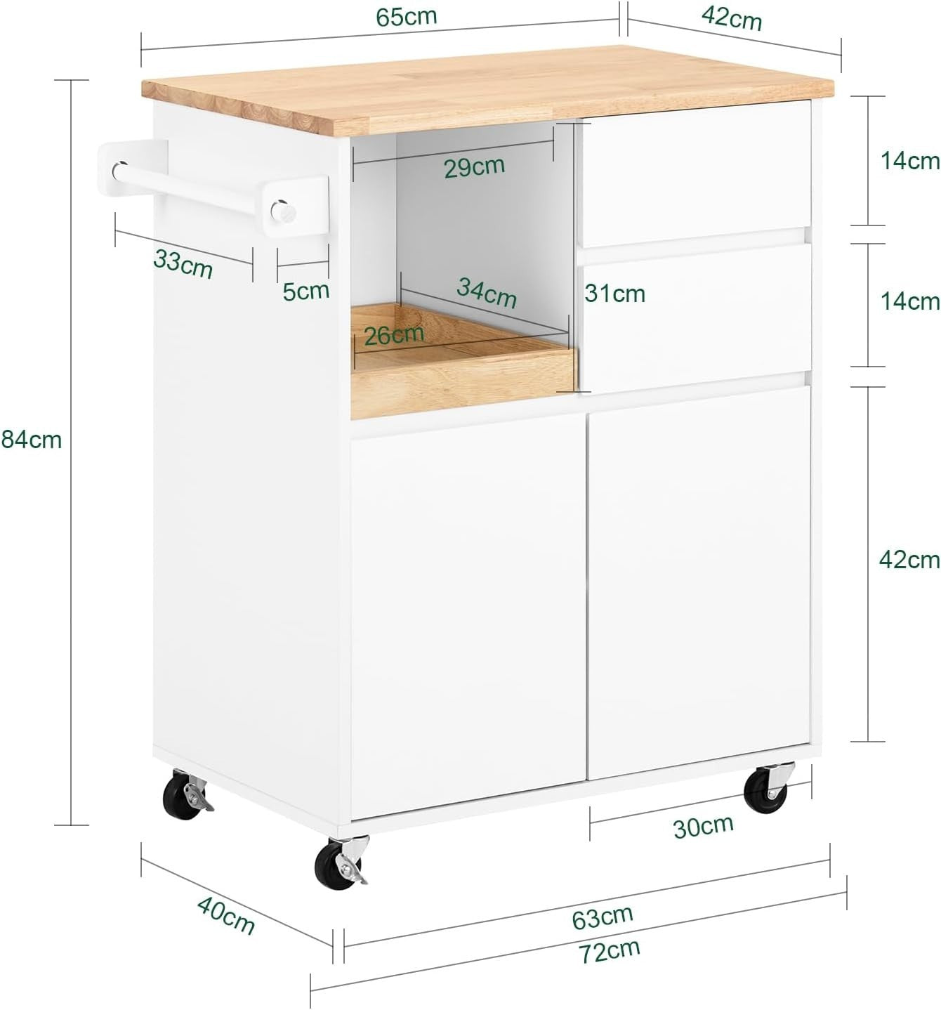 White Rolling Kitchen Island Cart Rubber Wood Top 72cm