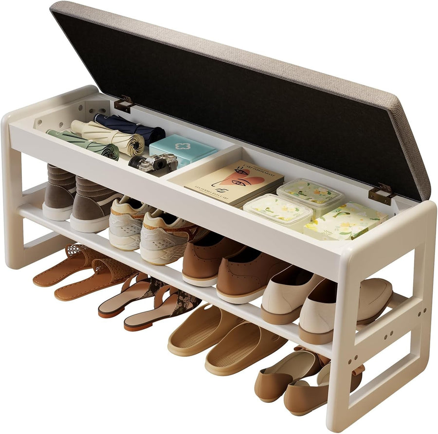 2-Tier White Shoe Storage Bench with Flip-Top & Cushion Seat