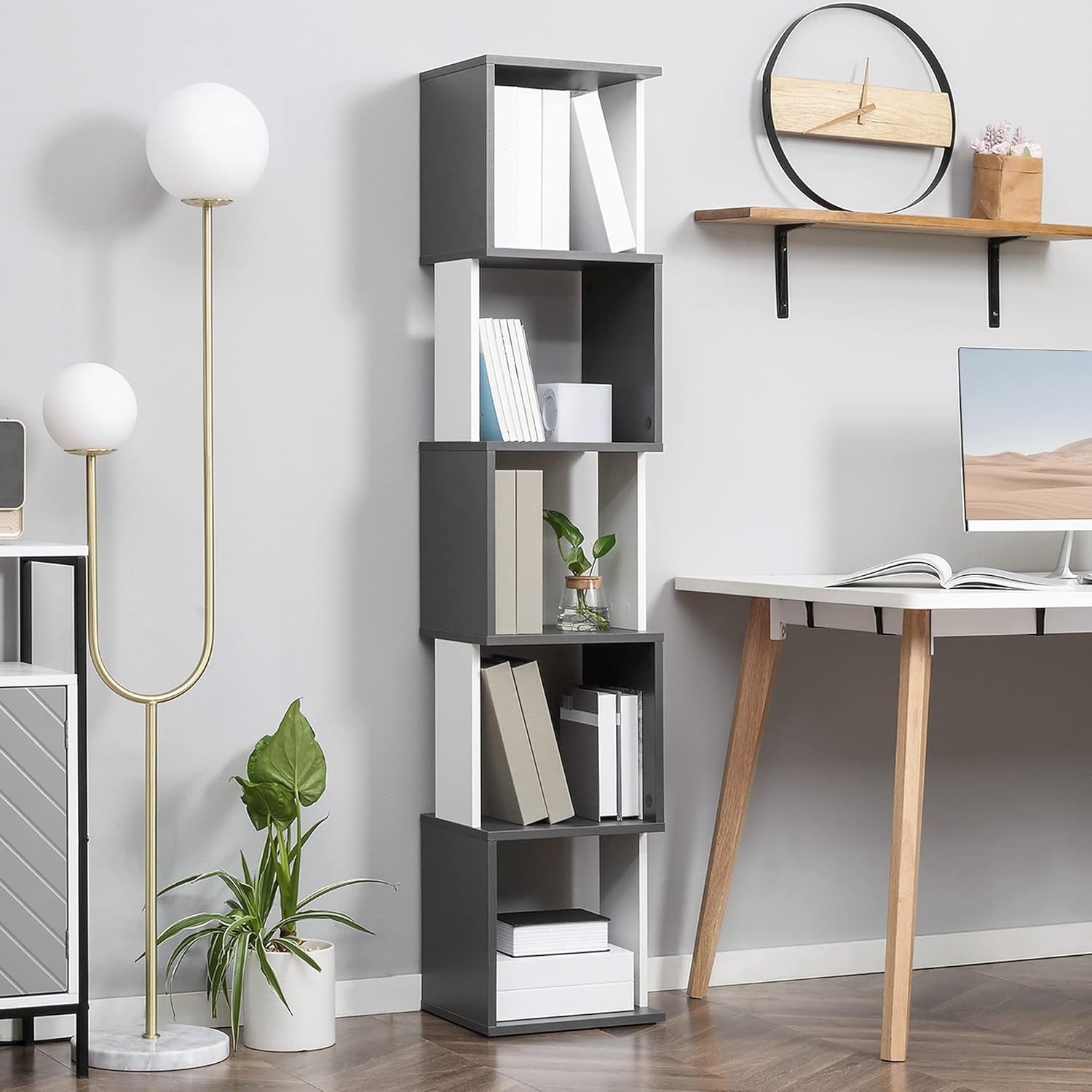 Modern 5-Tier Bookcase Storage Unit with Open Shelves – White & Grey