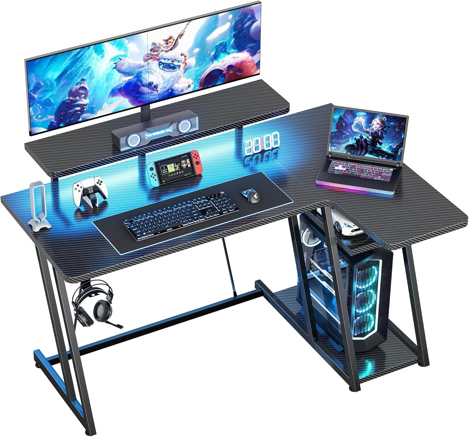 Black 120cm L Shaped Gaming Desk with LED Lights, Monitor Stand & Shelves