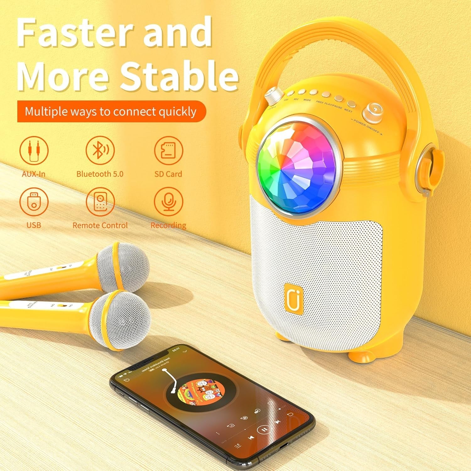 Kids Karaoke Machine Bluetooth Speaker 2 Mics LED Lights Yellow