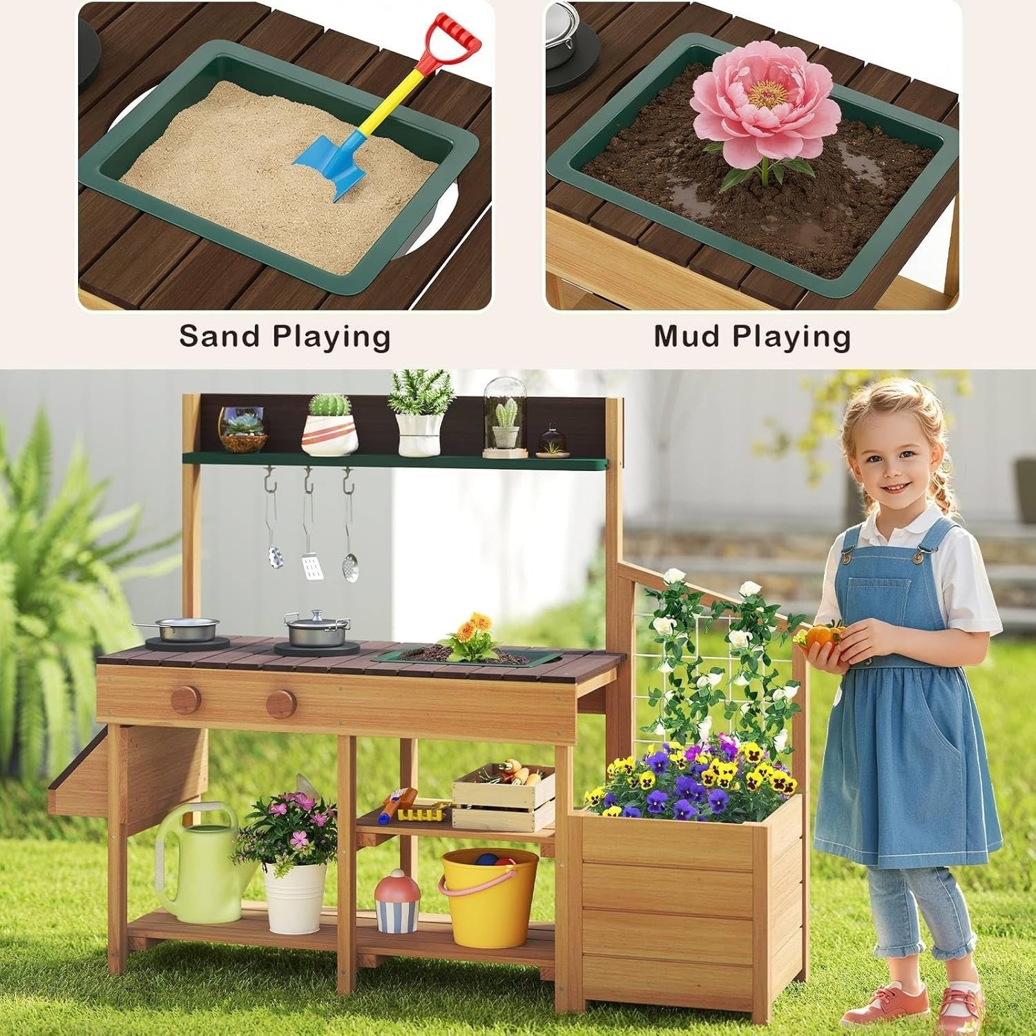Outdoor Mud Kitchen Kids Garden Potting Bench Sink Wooden Playset