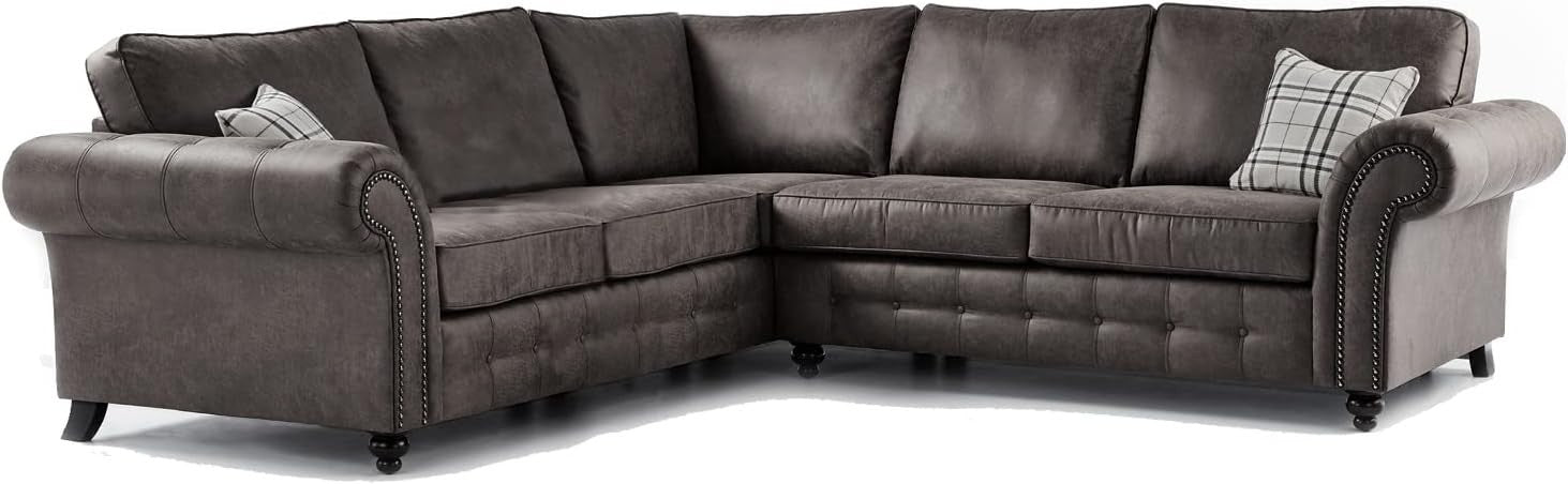 Large Chesterfield Leather Corner Sofa 5 Seater – Charcoal Grey Country Style
