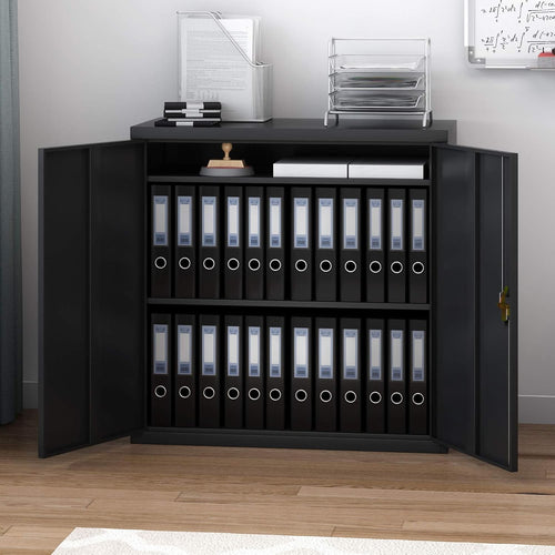Black Metal Office Storage Cabinet 2 Door Cupboard with 3 Shelves 90cm