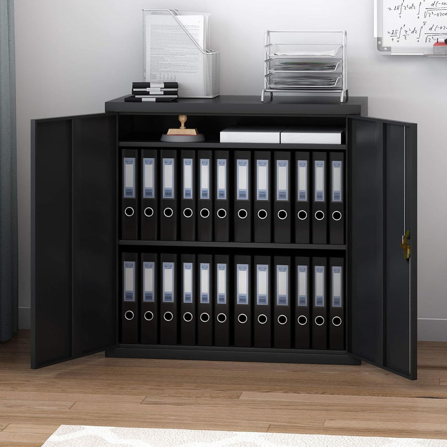 Black Metal Office Storage Cabinet 2 Door Cupboard with 3 Shelves 90cm