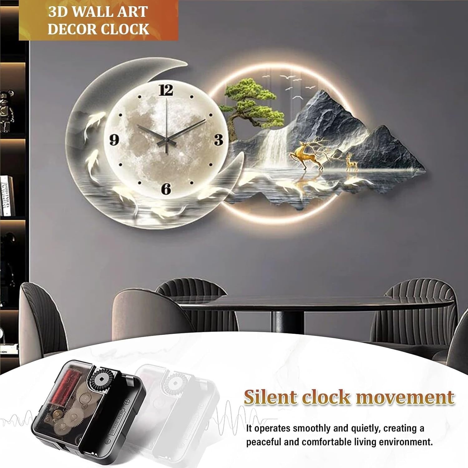 Large 3D LED Wall Clock Modern Silent Art Decor Gold 60x30cm
