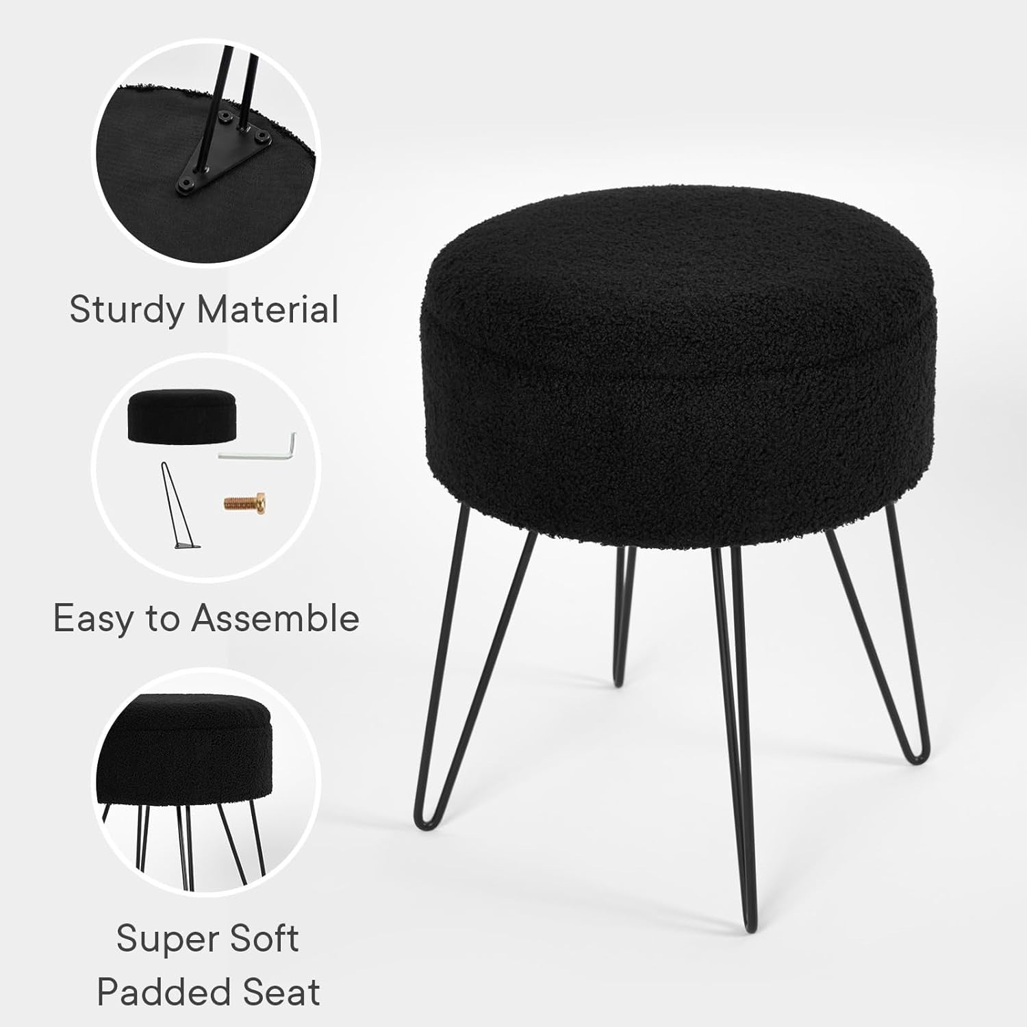 Black Bouclé Storage Stool Round Footrest Hairpin Leg Vanity Seat