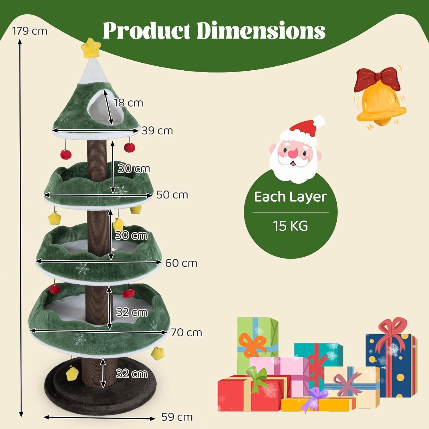 Christmas Tree Cat Tower 179cm Green Plush Scratching Post Multi-Level Condo
