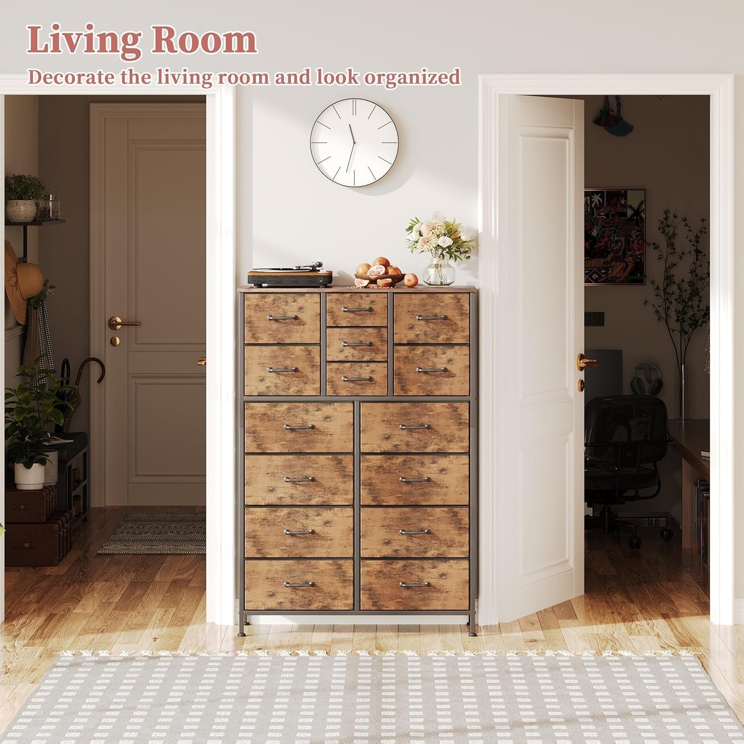 15 Drawer Fabric Chest Dresser Wood Top Tall Storage Unit Rustic Brown