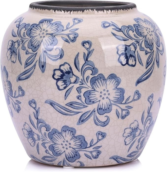 Blue White Floral Ceramic Vase Vintage Chinoiserie Table Centrepiece 17cm