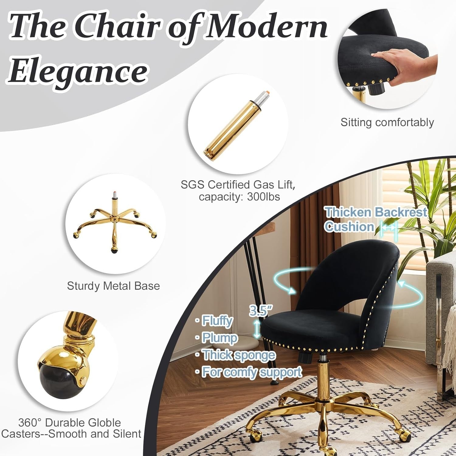 Black Velvet Swivel Vanity Chair – Adjustable Height Desk & Makeup Seat