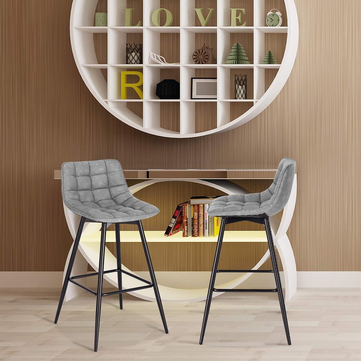 Set of 4 Grey Faux Leather Bar Stools L-Shaped Seat with Footrest 64cm