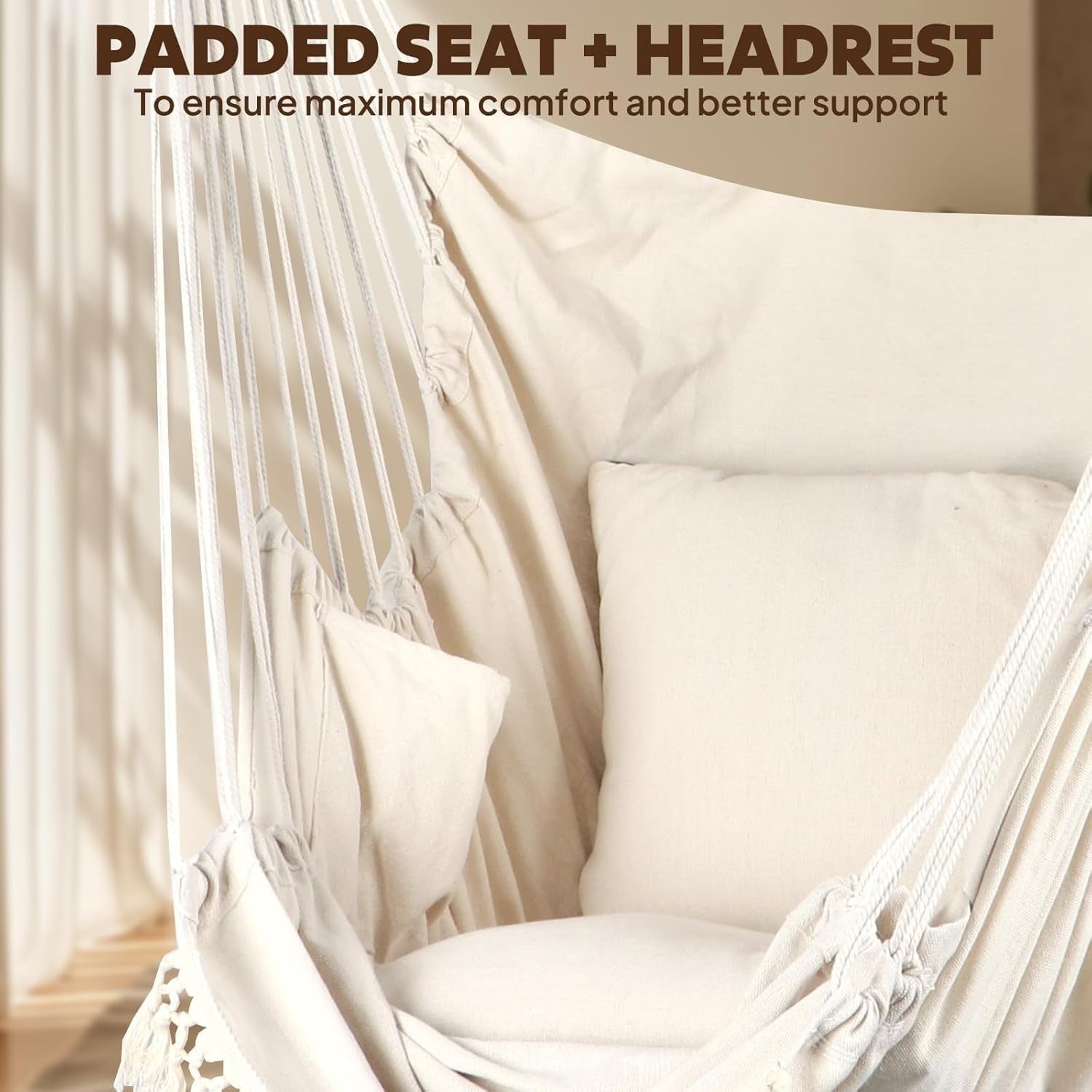Cream Hammock Chair with Footrest & 2 Cushions | 550lbs Indoor Outdoor Swing