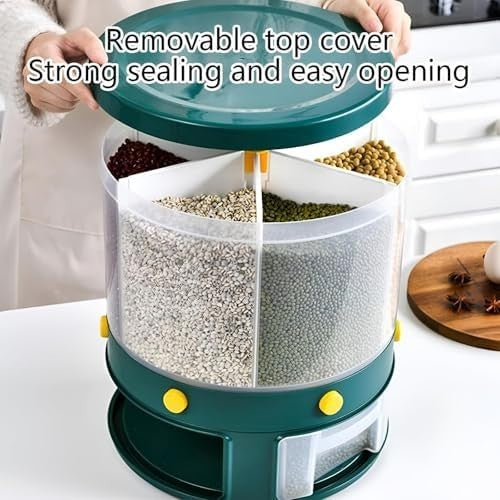 10KG 6-Grid Rotating Grain Dispenser Airtight Rice Storage Container