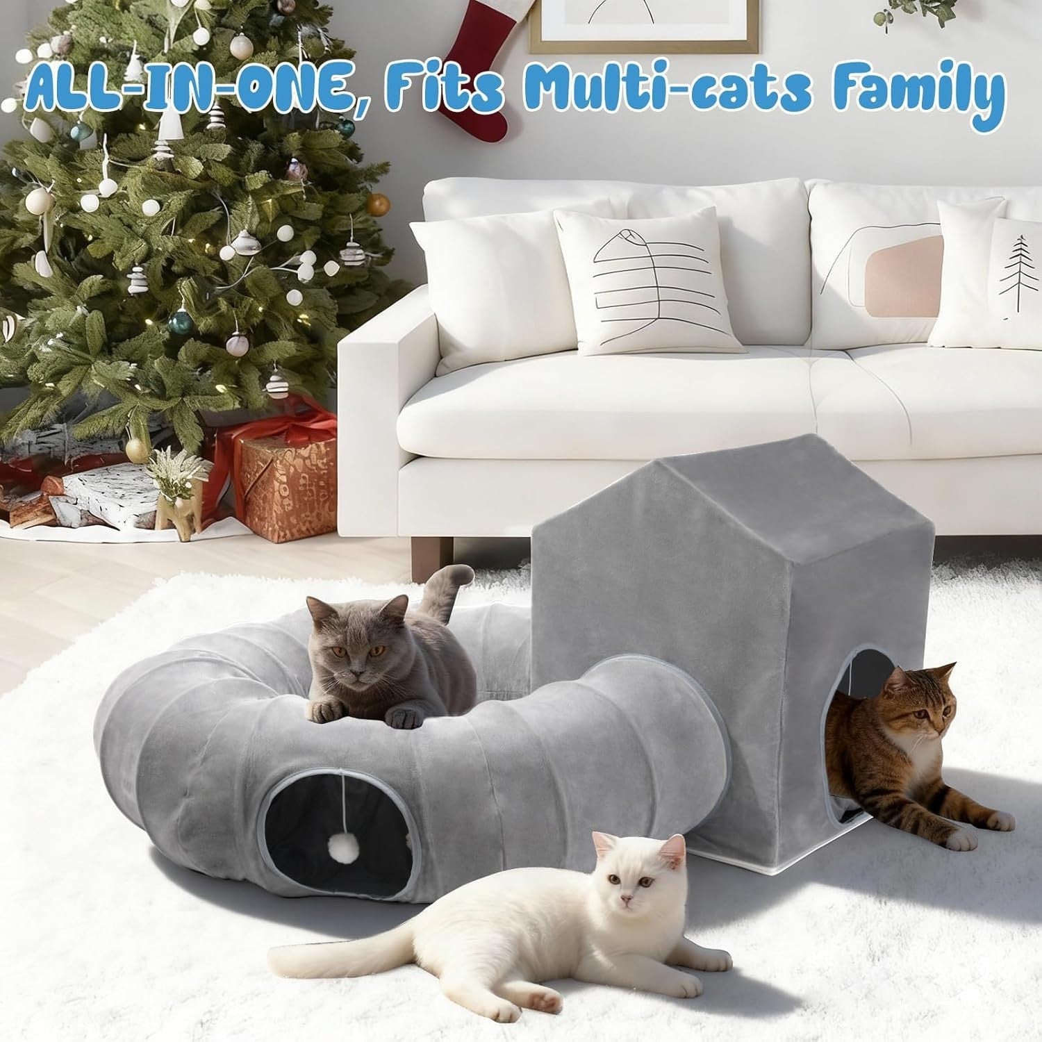 Cat Donut Tunnel Bed w Square House Peekaboo Play Cave Washable Gray
