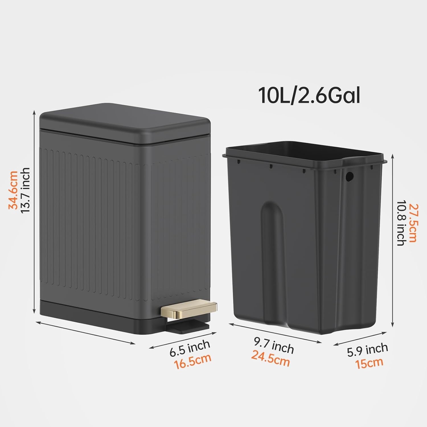 10L Slim Stainless Steel Step Trash Can Soft Close Pedal Bin Dark Grey