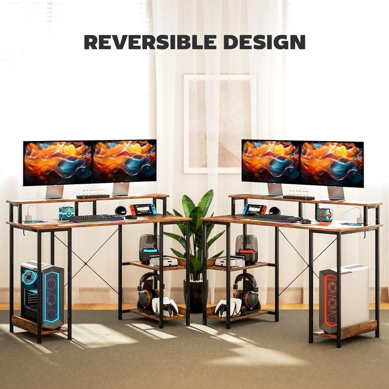 Gaming Desk 120cm w/ LED Lights, USB Charging, Monitor Stand, Shelves